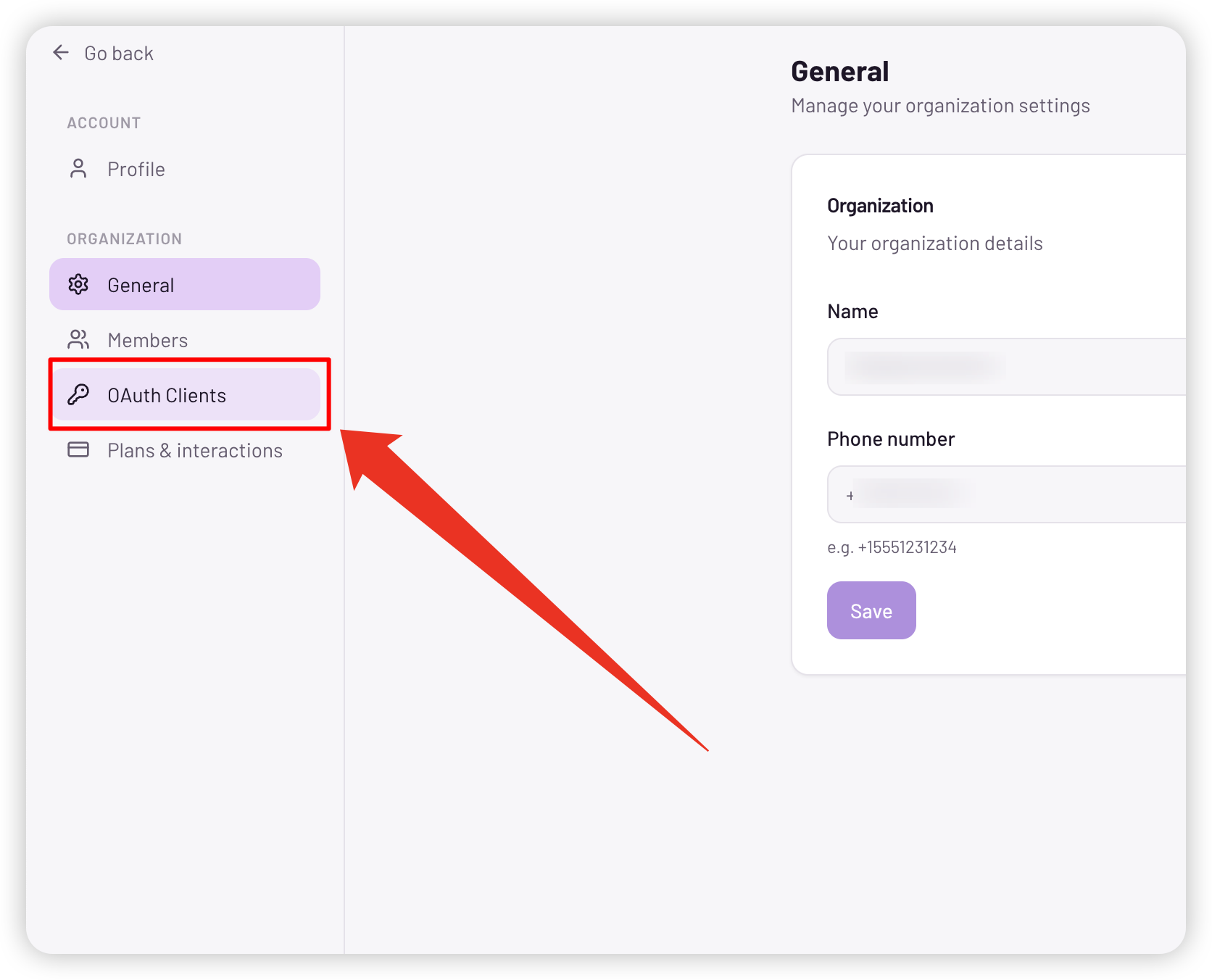 The organization settings navigation, with OAuth Clients highlighted