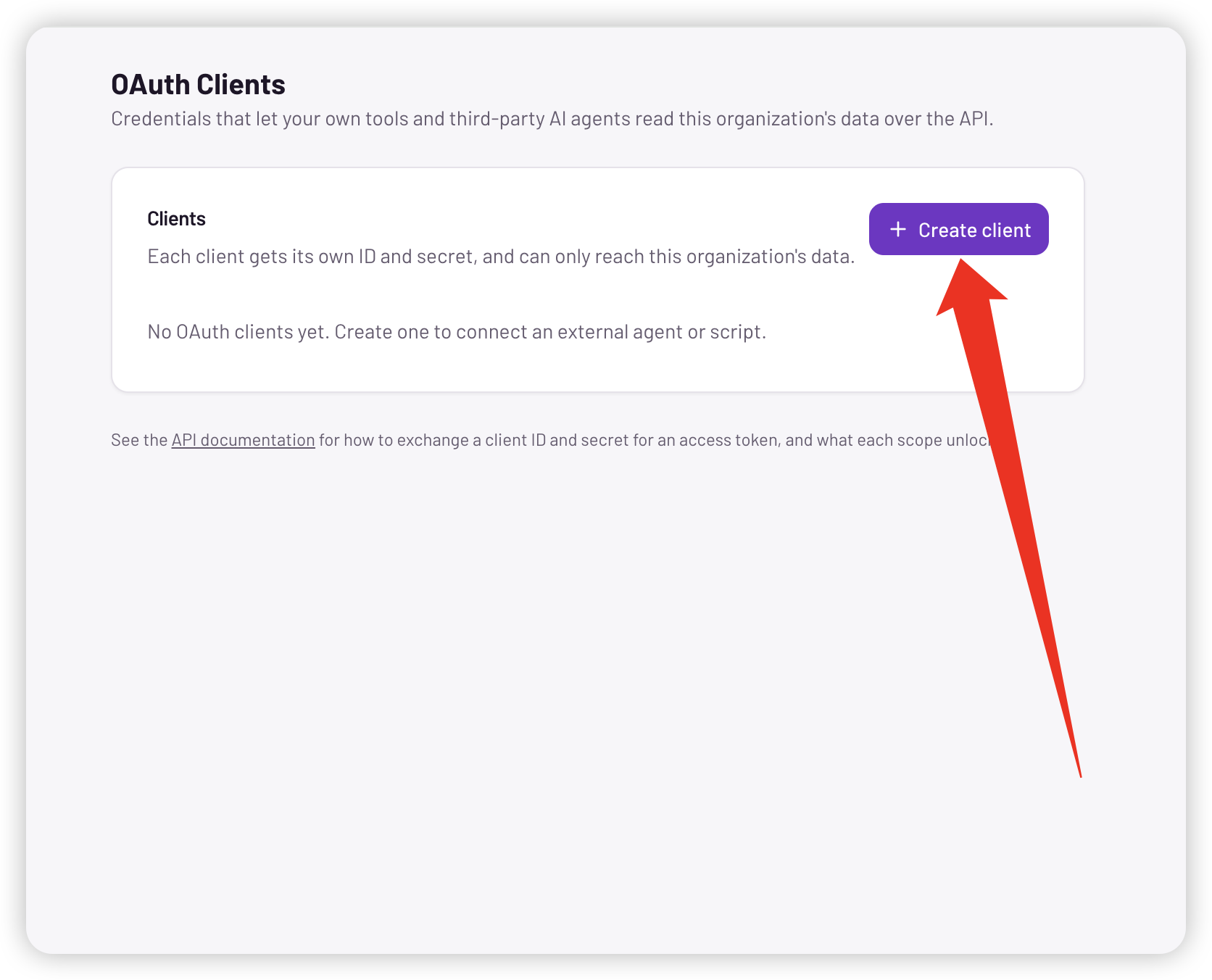The OAuth Clients page with no clients yet and the Create client button highlighted