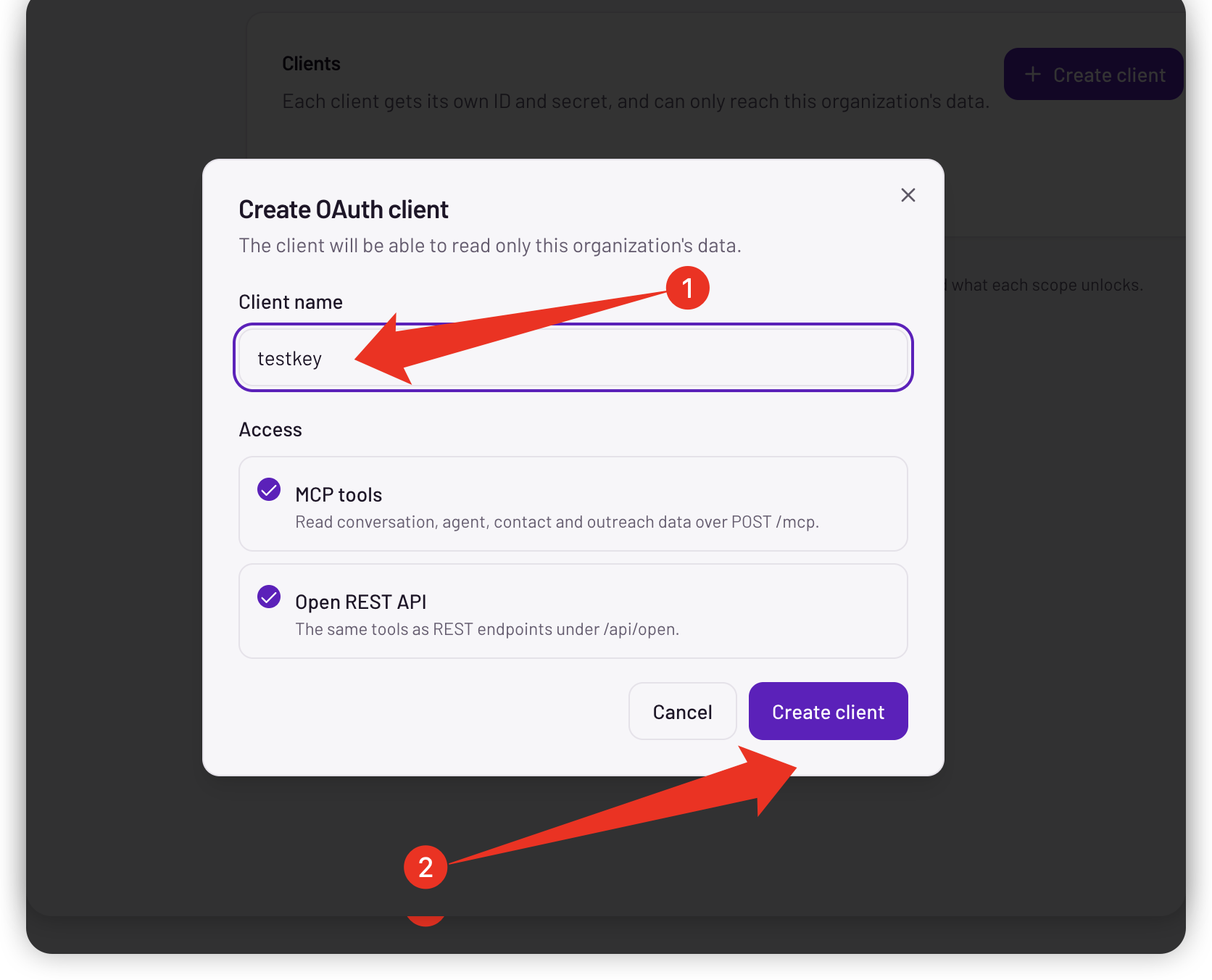 The Create OAuth client dialog, showing the client name field and the two access checkboxes